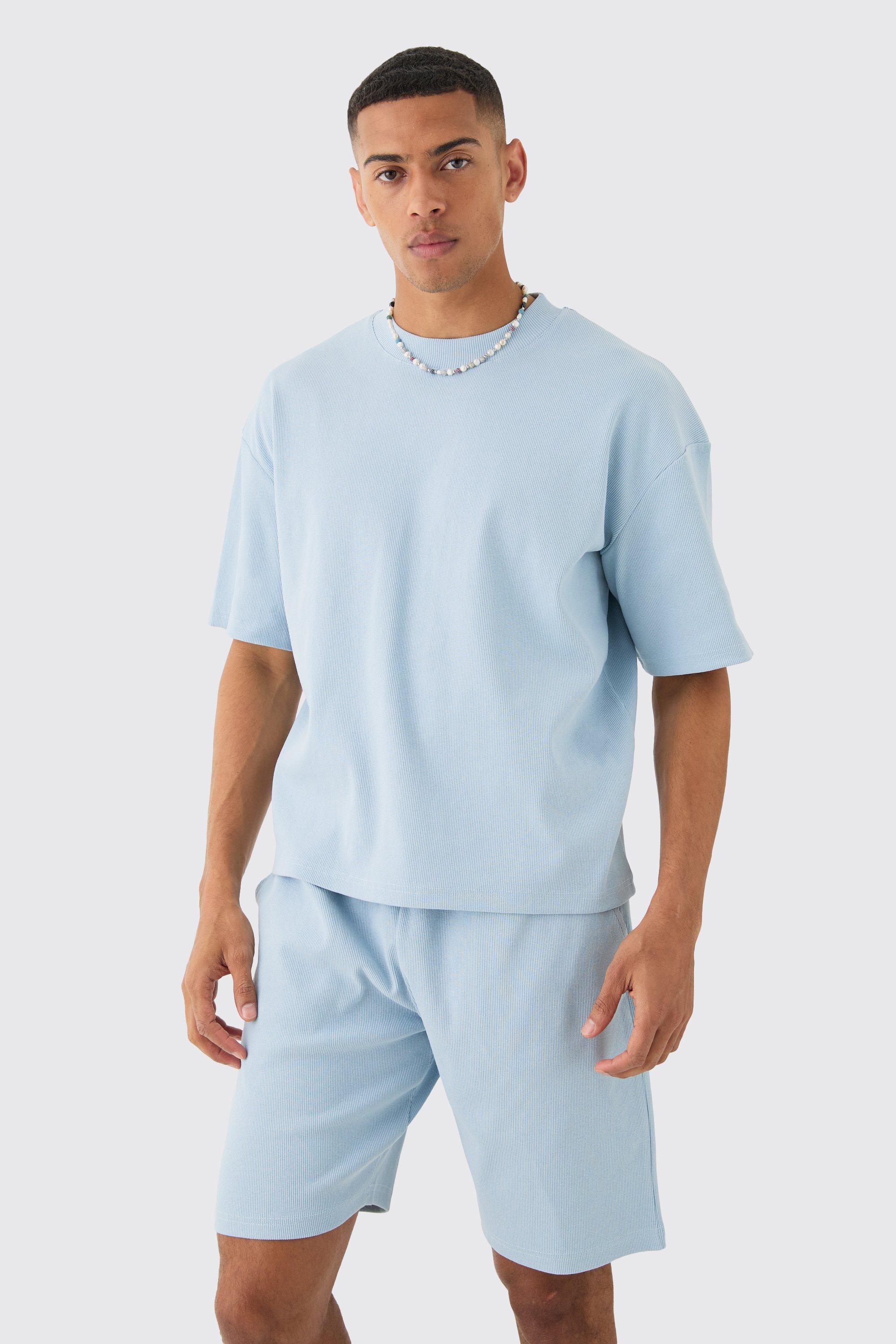 Mens Blue Oversized Boxy Heavyweight Ribbed T-shirt & Shorts Set, Blue